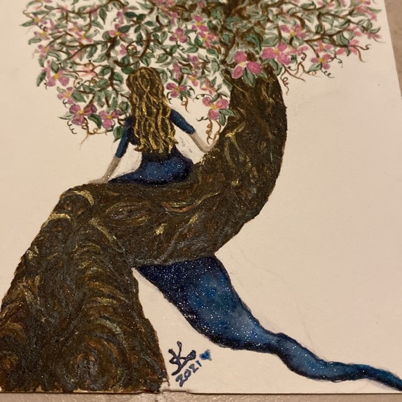 Unframed Original Art Watercolour Painting Lady Sitting in Blossoming Tree - Picture 4 of 4